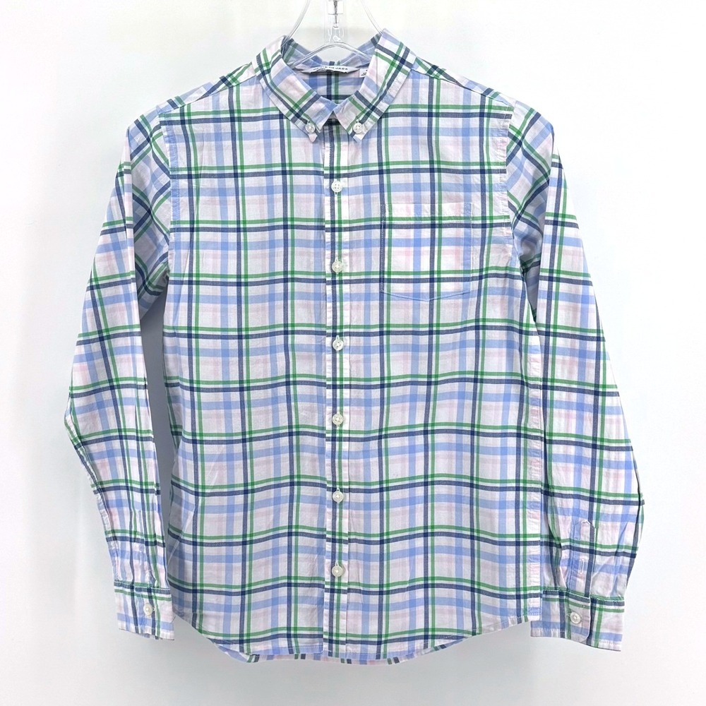 Janie and Jack Button Down Shirt Boys 14 Blue Green Pink Plaid Long Sleeve Top